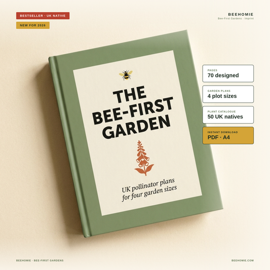 The Bee-First Garden ebook cover — sage green with a terracotta foxglove and a small bee mark on a cream background.