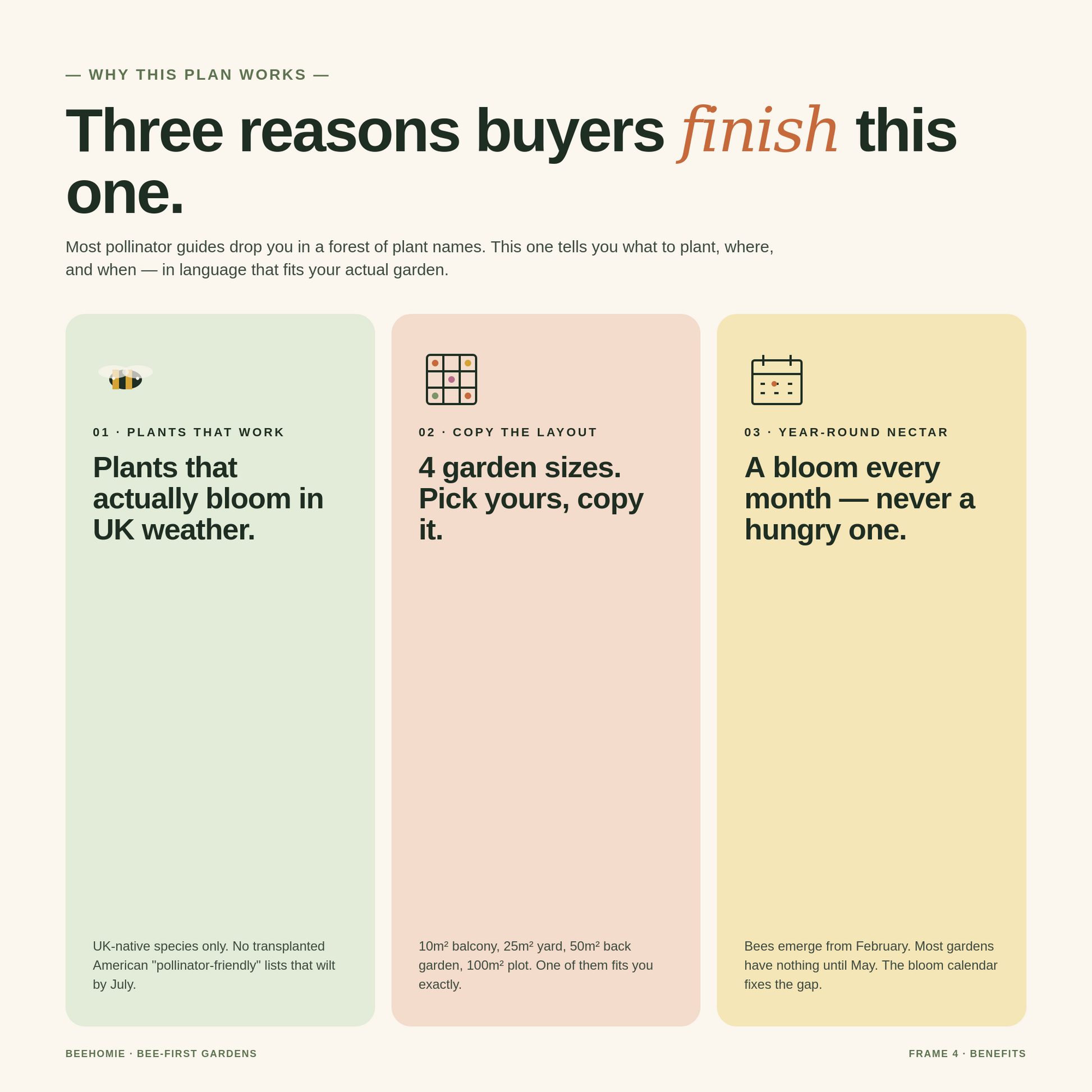 Three benefit pill cards — UK natives, four garden sizes, year-round nectar.