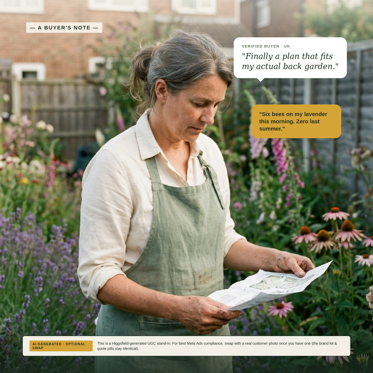 Real-feel UGC photograph of a UK gardener in her late 50s holding the printed garden plan, surrounded by lavender and foxglove blooms.