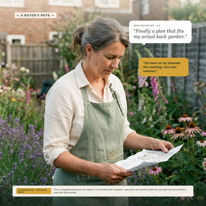 Real-feel UGC photograph of a UK gardener in her late 50s holding the printed garden plan, surrounded by lavender and foxglove blooms.