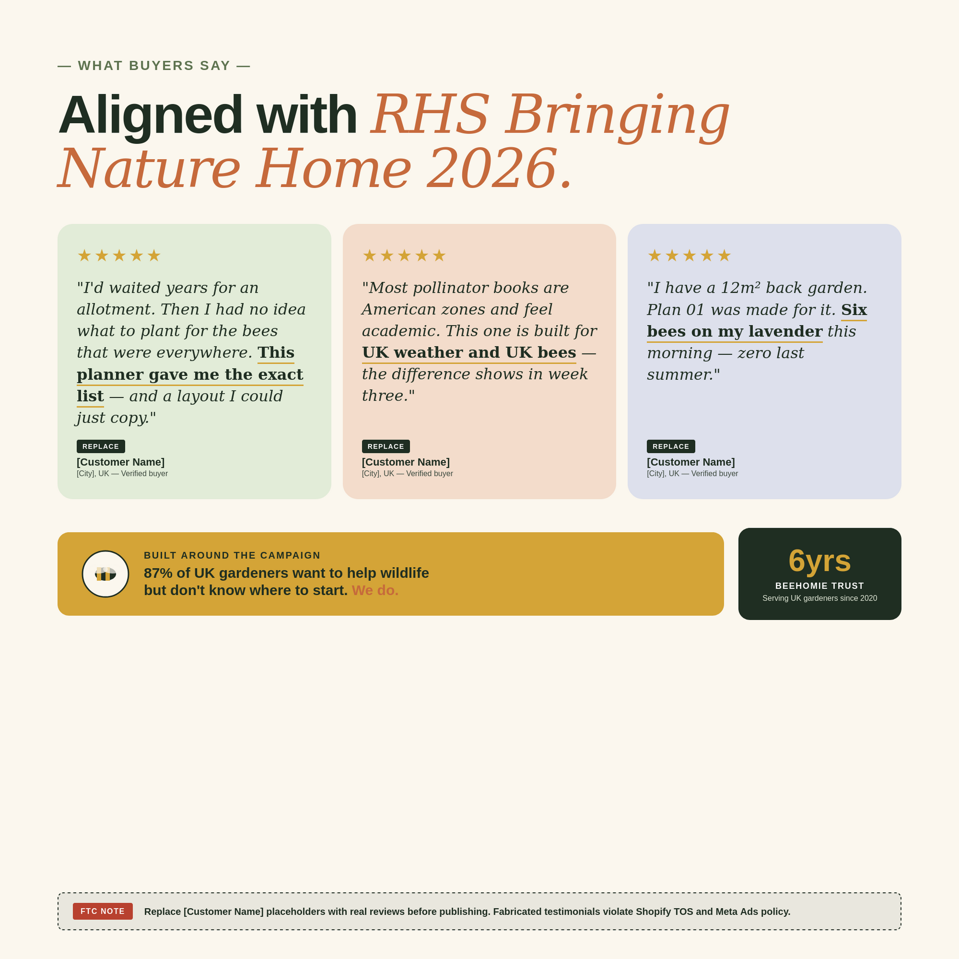 Three buyer testimonial cards plus RHS Bringing Nature Home alignment badge.