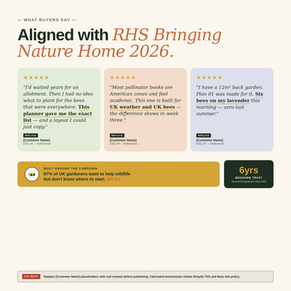 Three buyer testimonial cards plus RHS Bringing Nature Home alignment badge.