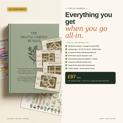 Flat-lay of every Bee-First Garden bundle asset — sage hardcover, four printed garden plan cards, printable bloom calendar, and a tiled plant chart.